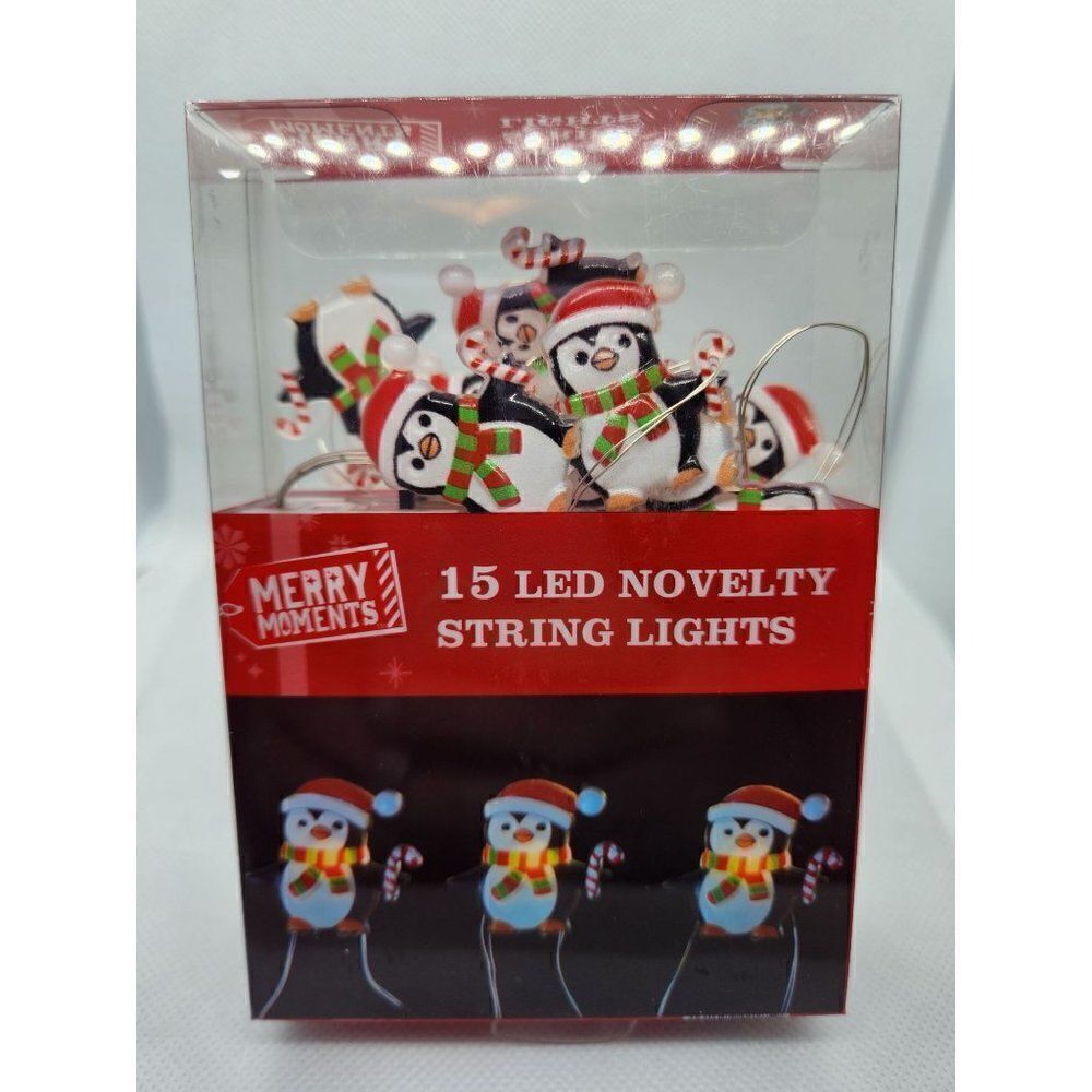 New! Sealed Penguin Christmas Mini 15 LED String Light Set Battery Power!